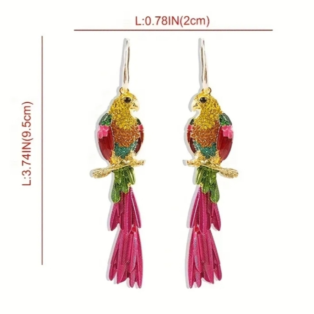 🌺Parrot Rhinestone Dangle Earings Parrot Accessories Tropical Wear Resort - Picture 6 of 6